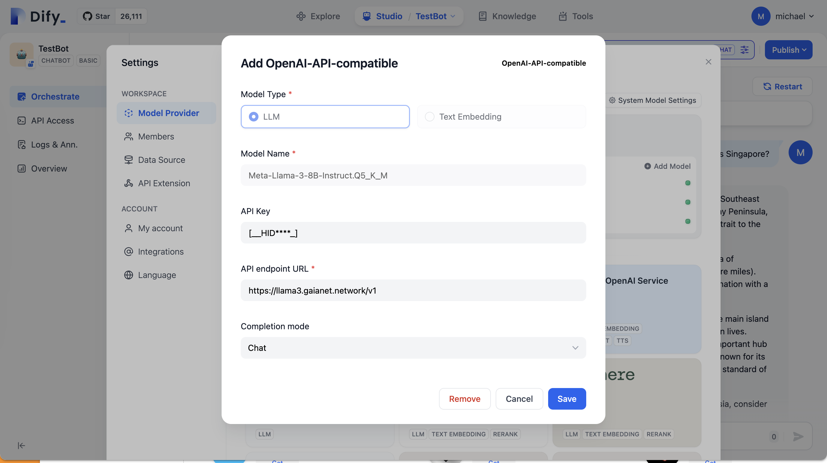 Configurar um modelo GaiaNet Llama3 8b no Dify