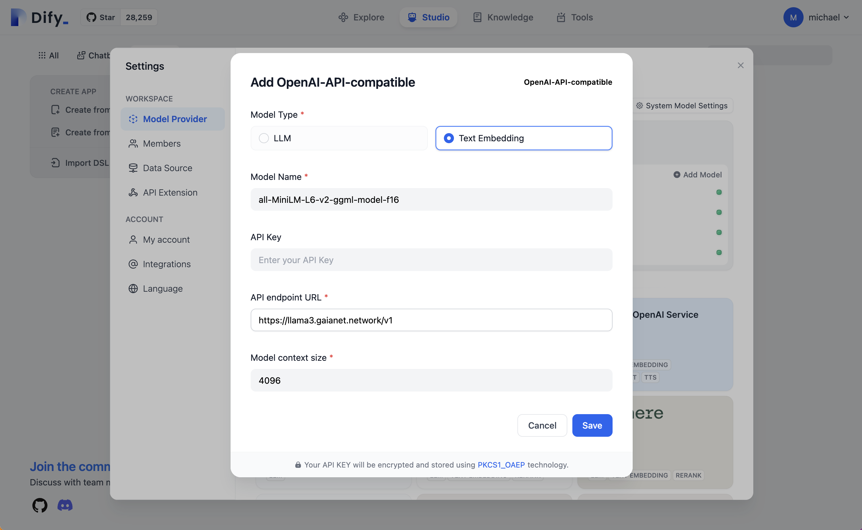 Configurar um modelo de incorporação GaiaNet no Dify