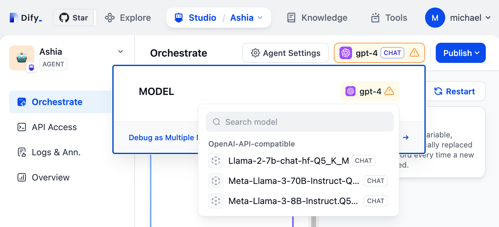 Selecionar um nó GaiaNet como modelo backend no Dify